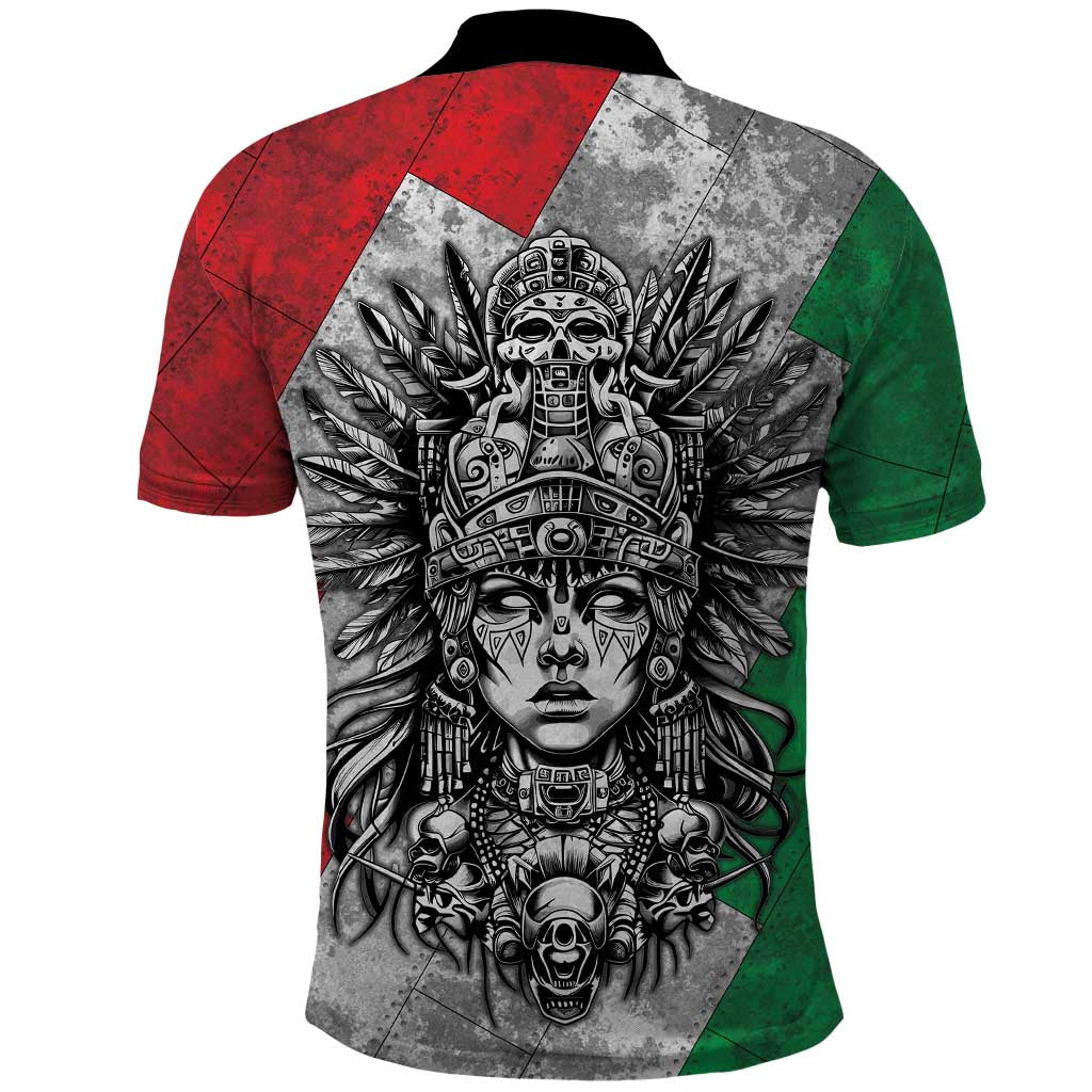Mexico Aztec Warrior Goddess Polo Shirt Aztec Tribal Skull Tricolor Armor