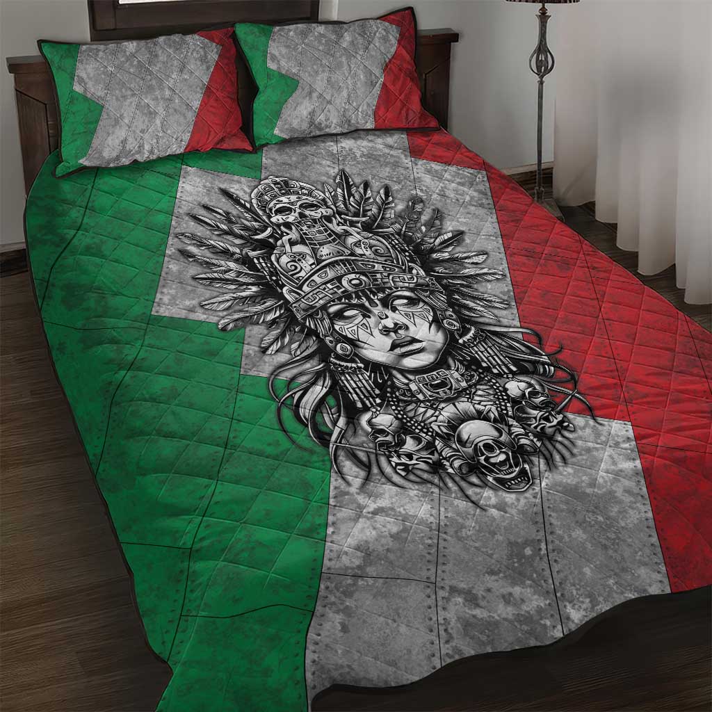 Mexico Aztec Warrior Goddess Quilt Bed Set Aztec Tribal Skull Tricolor Armor