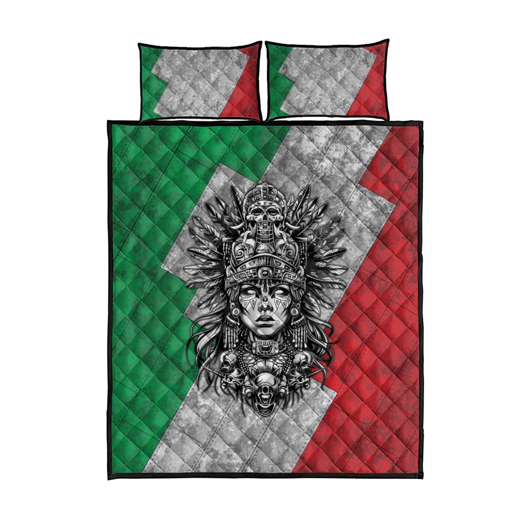 Mexico Aztec Warrior Goddess Quilt Bed Set Aztec Tribal Skull Tricolor Armor