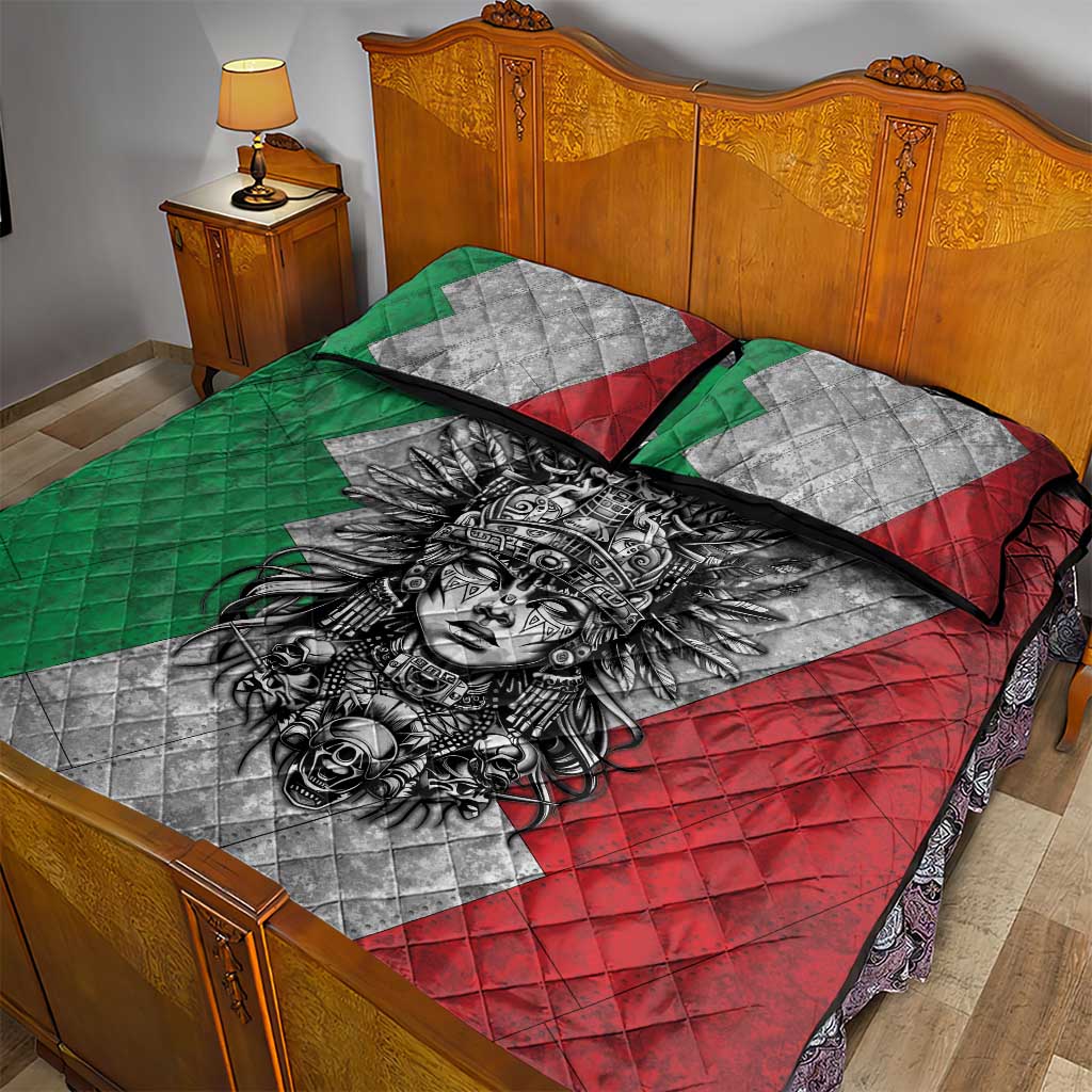 Mexico Aztec Warrior Goddess Quilt Bed Set Aztec Tribal Skull Tricolor Armor