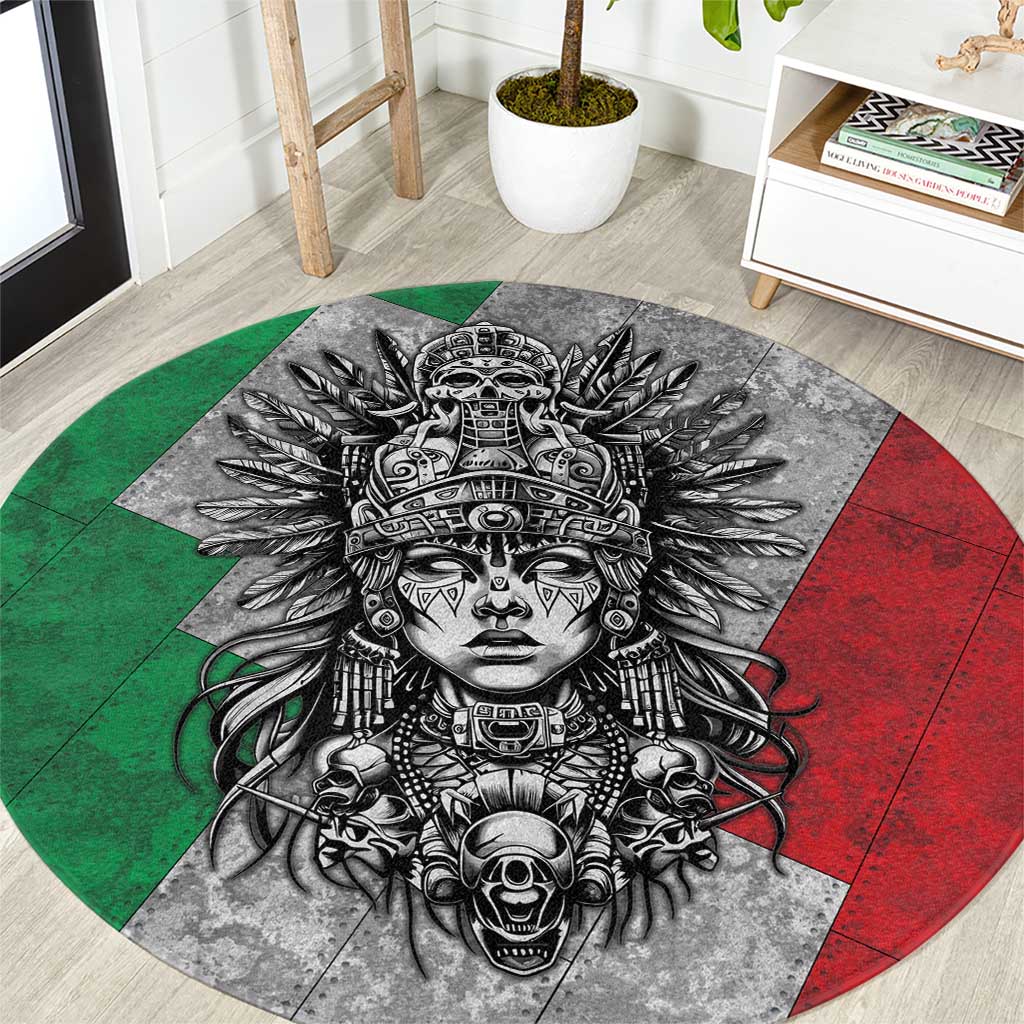 Mexico Aztec Warrior Goddess Round Carpet Aztec Tribal Skull Tricolor Armor