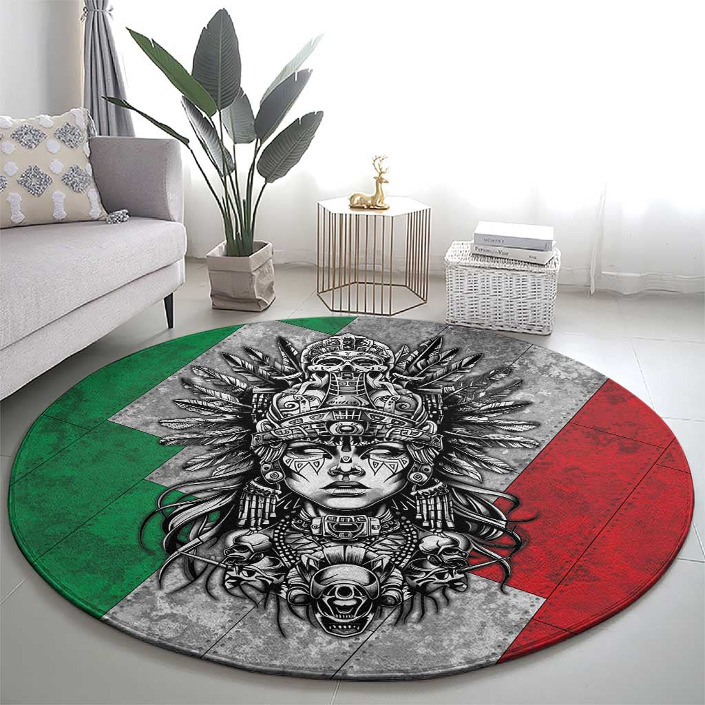 Mexico Aztec Warrior Goddess Round Carpet Aztec Tribal Skull Tricolor Armor