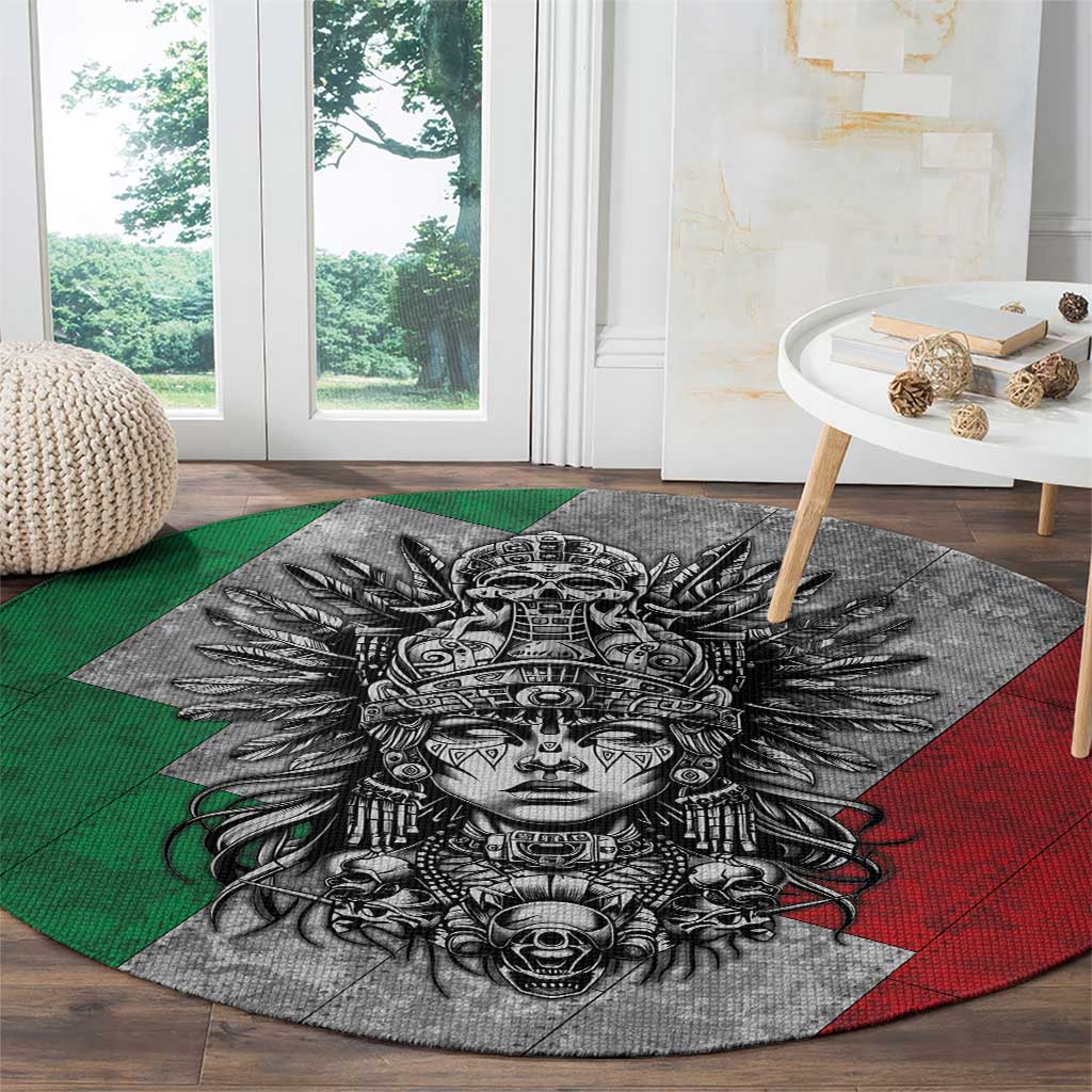 Mexico Aztec Warrior Goddess Round Carpet Aztec Tribal Skull Tricolor Armor