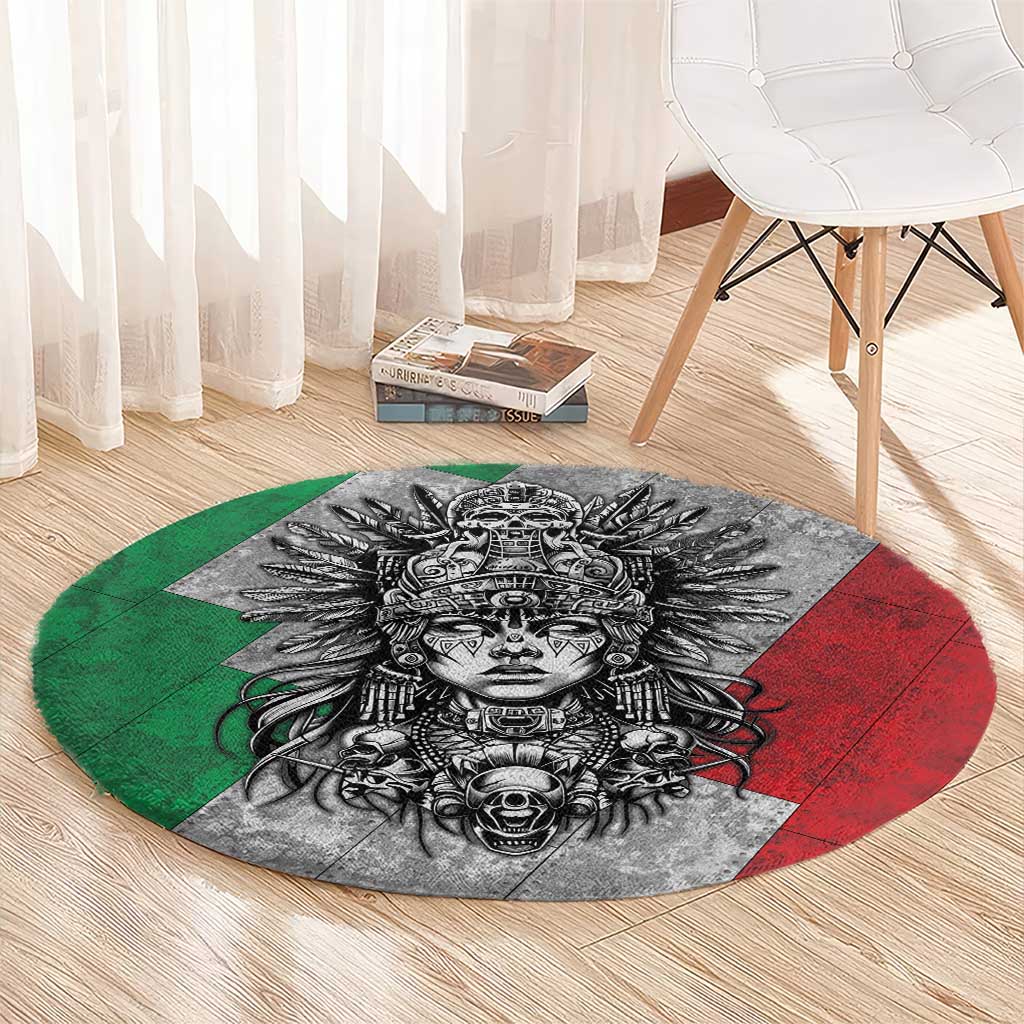 Mexico Aztec Warrior Goddess Round Carpet Aztec Tribal Skull Tricolor Armor