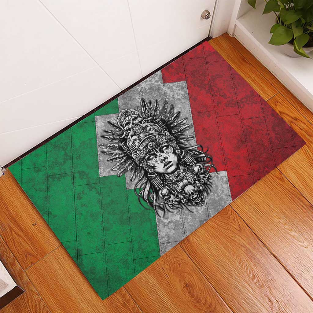 Mexico Aztec Warrior Goddess Rubber Doormat Aztec Tribal Skull Tricolor Armor