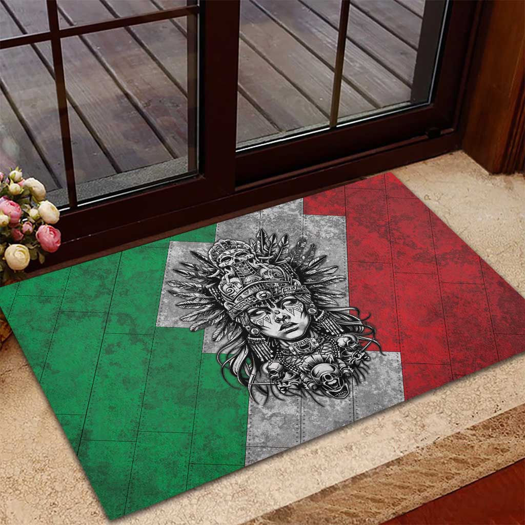 Mexico Aztec Warrior Goddess Rubber Doormat Aztec Tribal Skull Tricolor Armor