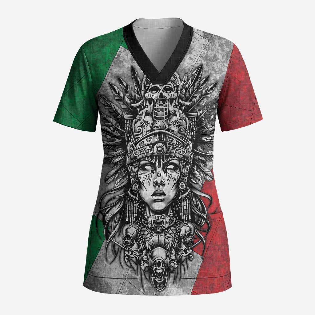 Mexico Aztec Warrior Goddess Scrub Top Aztec Tribal Skull Tricolor Armor
