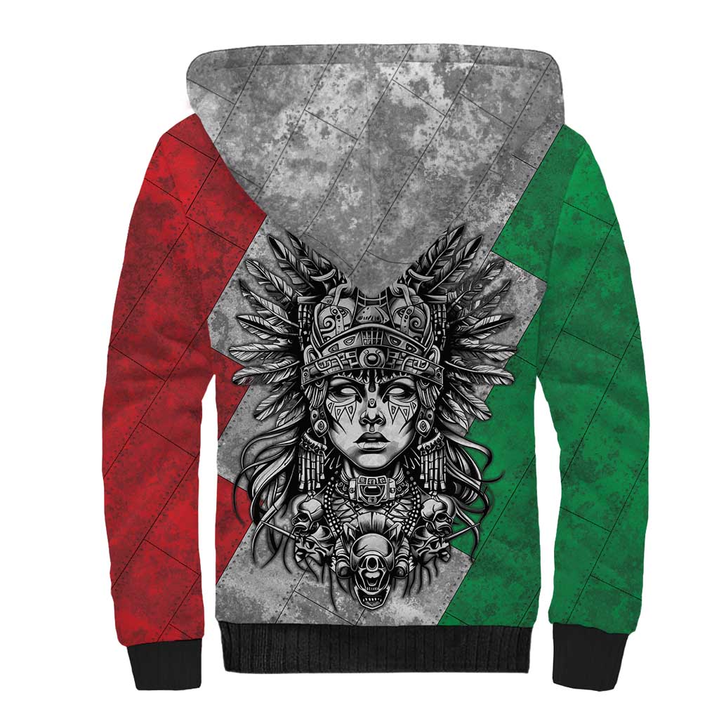 Mexico Aztec Warrior Goddess Sherpa Hoodie Aztec Tribal Skull Tricolor Armor