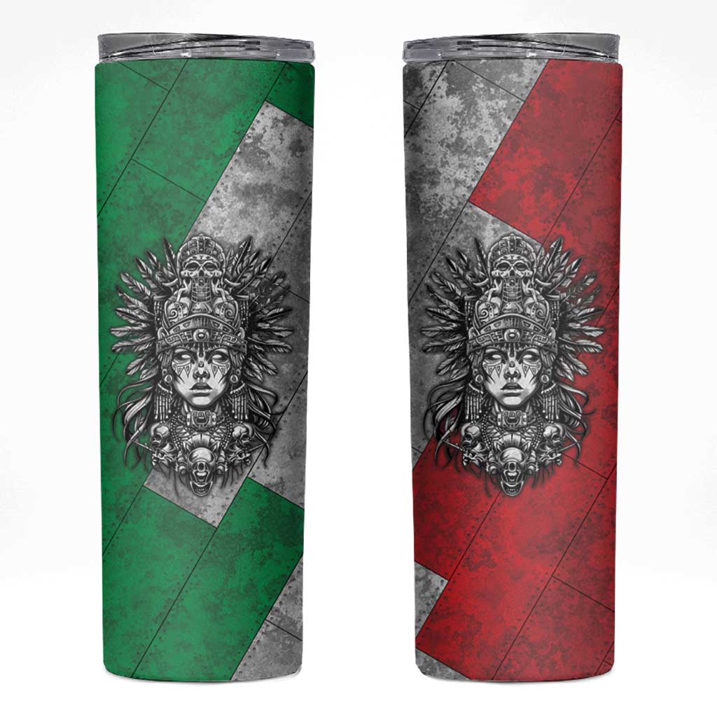 Mexico Aztec Warrior Goddess Skinny Tumbler Aztec Tribal Skull Tricolor Armor
