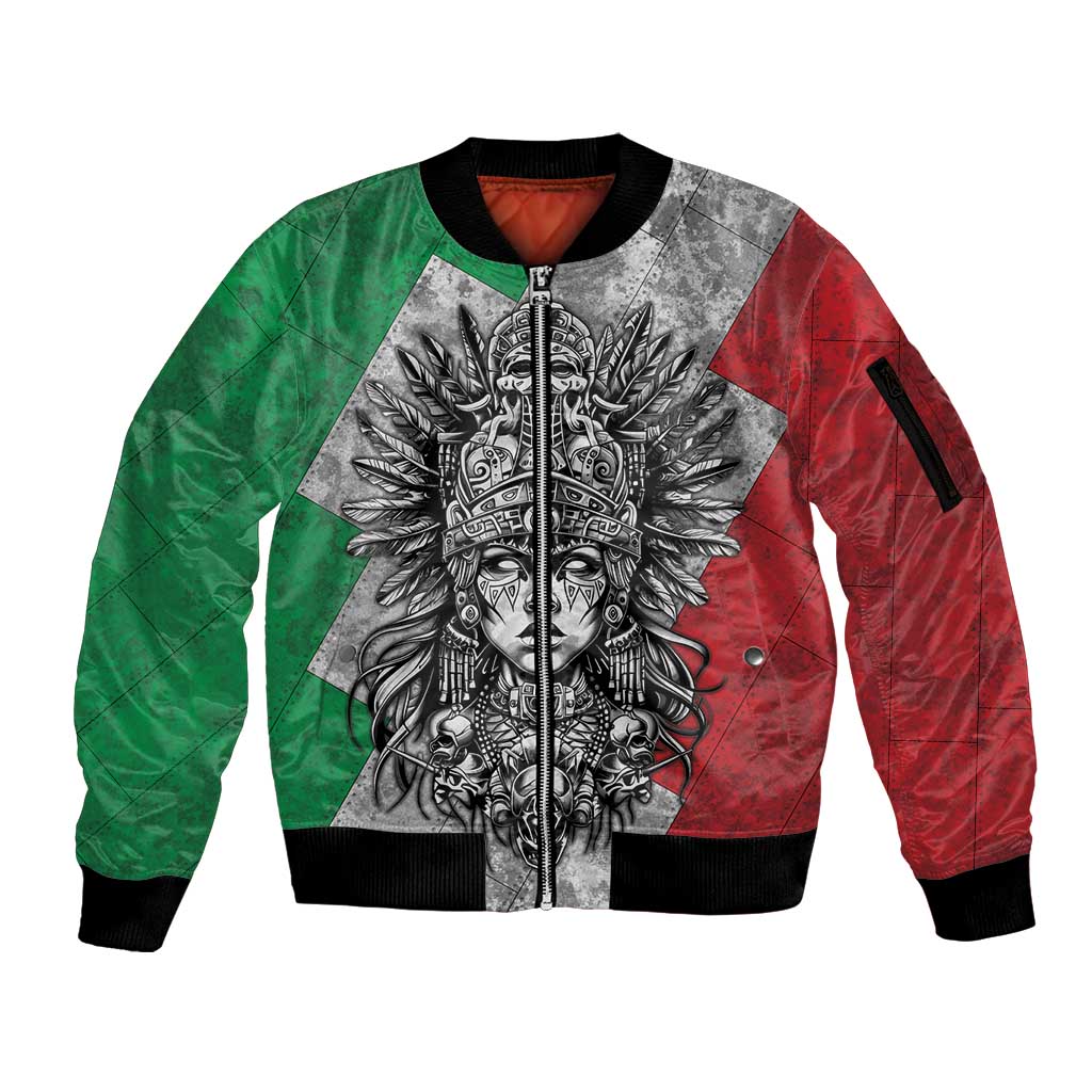 Mexico Aztec Warrior Goddess Sleeve Zip Bomber Jacket Aztec Tribal Skull Tricolor Armor