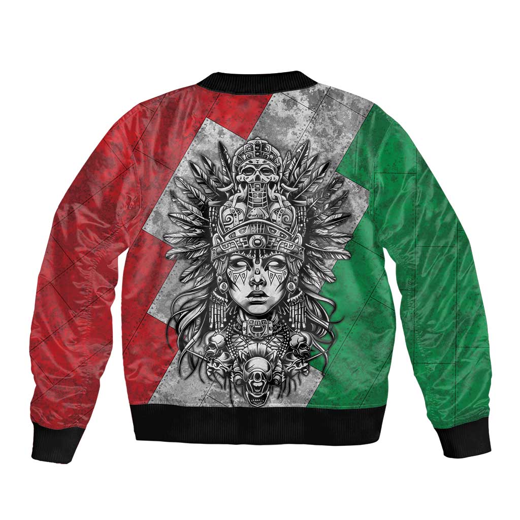 Mexico Aztec Warrior Goddess Sleeve Zip Bomber Jacket Aztec Tribal Skull Tricolor Armor