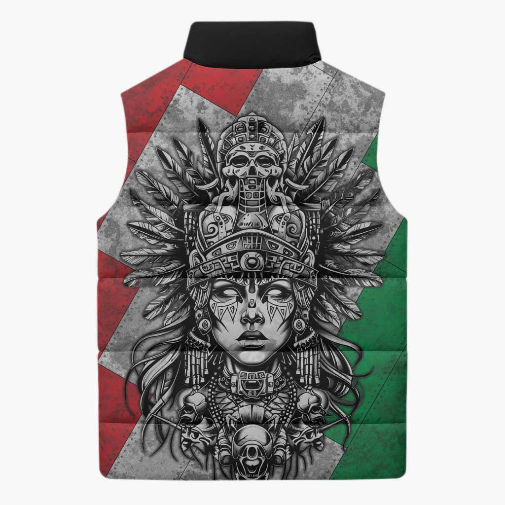 Mexico Aztec Warrior Goddess Sleeveless Puffer Jacket Aztec Tribal Skull Tricolor Armor