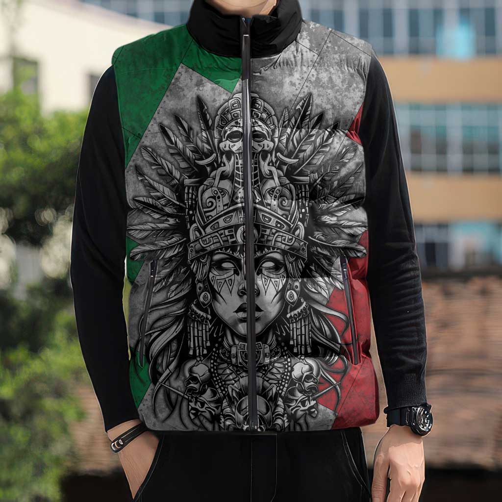 Mexico Aztec Warrior Goddess Sleeveless Puffer Jacket Aztec Tribal Skull Tricolor Armor
