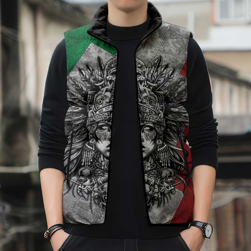 Mexico Aztec Warrior Goddess Sleeveless Puffer Jacket Aztec Tribal Skull Tricolor Armor