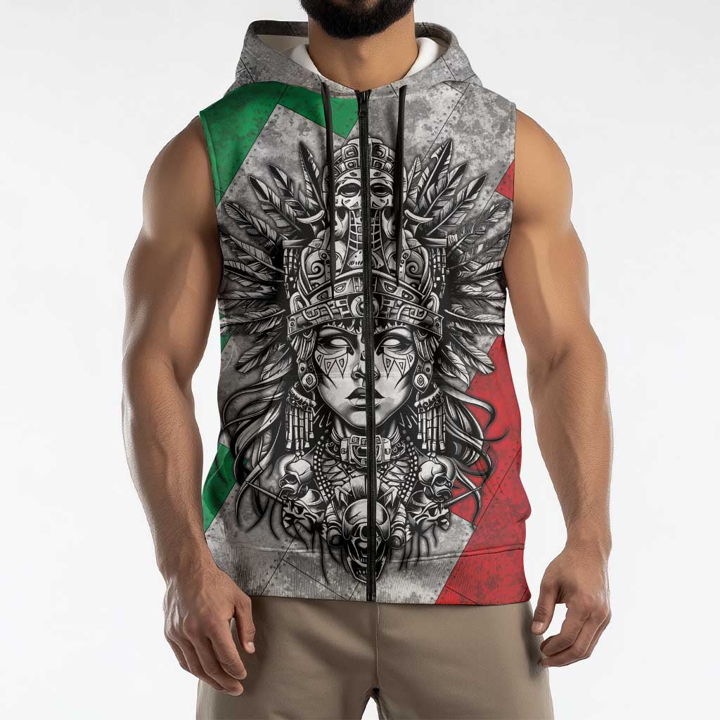 Mexico Aztec Warrior Goddess Sleeveless Zip Hoodie Aztec Tribal Skull Tricolor Armor