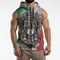 Mexico Aztec Warrior Goddess Sleeveless Zip Hoodie Aztec Tribal Skull Tricolor Armor