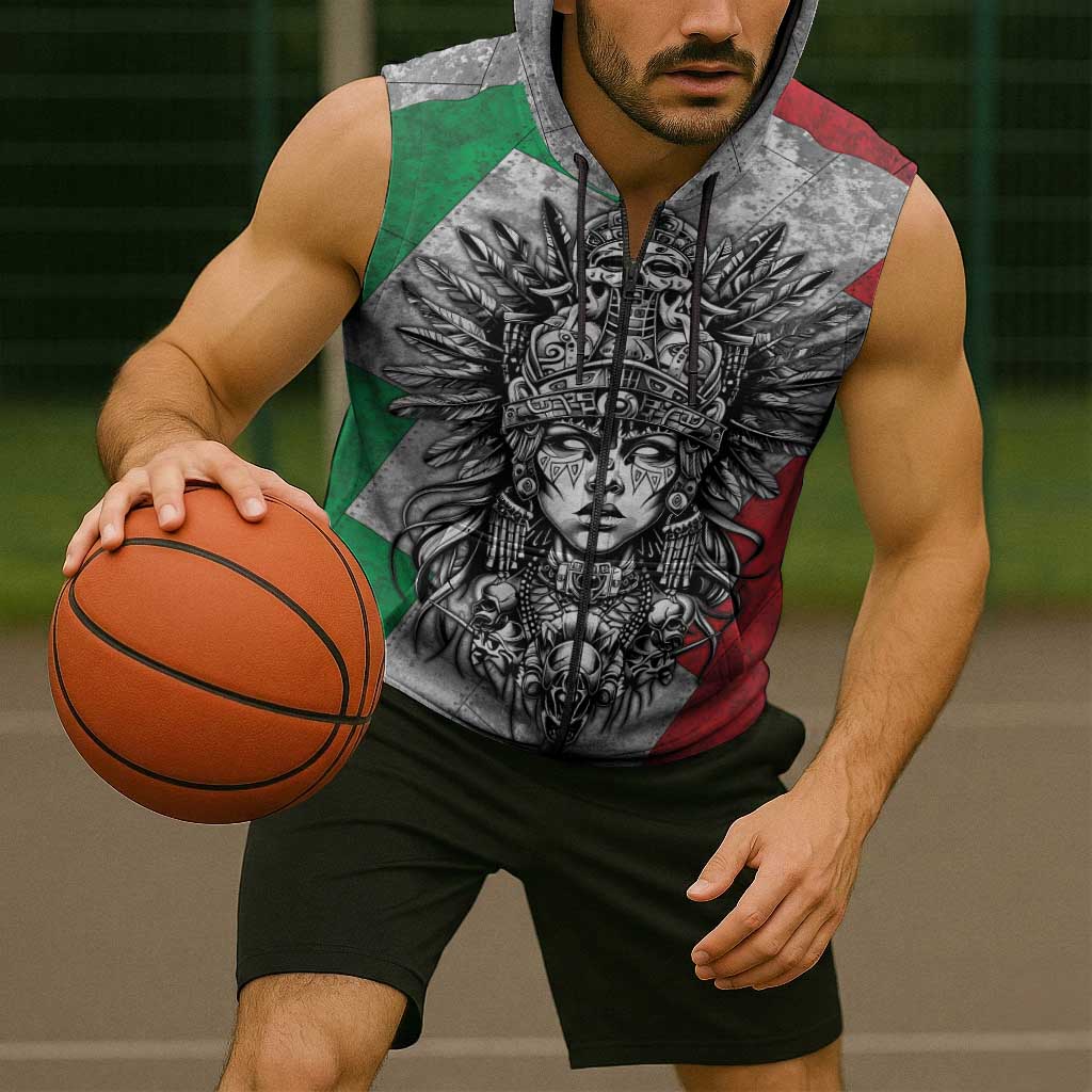 Mexico Aztec Warrior Goddess Sleeveless Zip Hoodie Aztec Tribal Skull Tricolor Armor