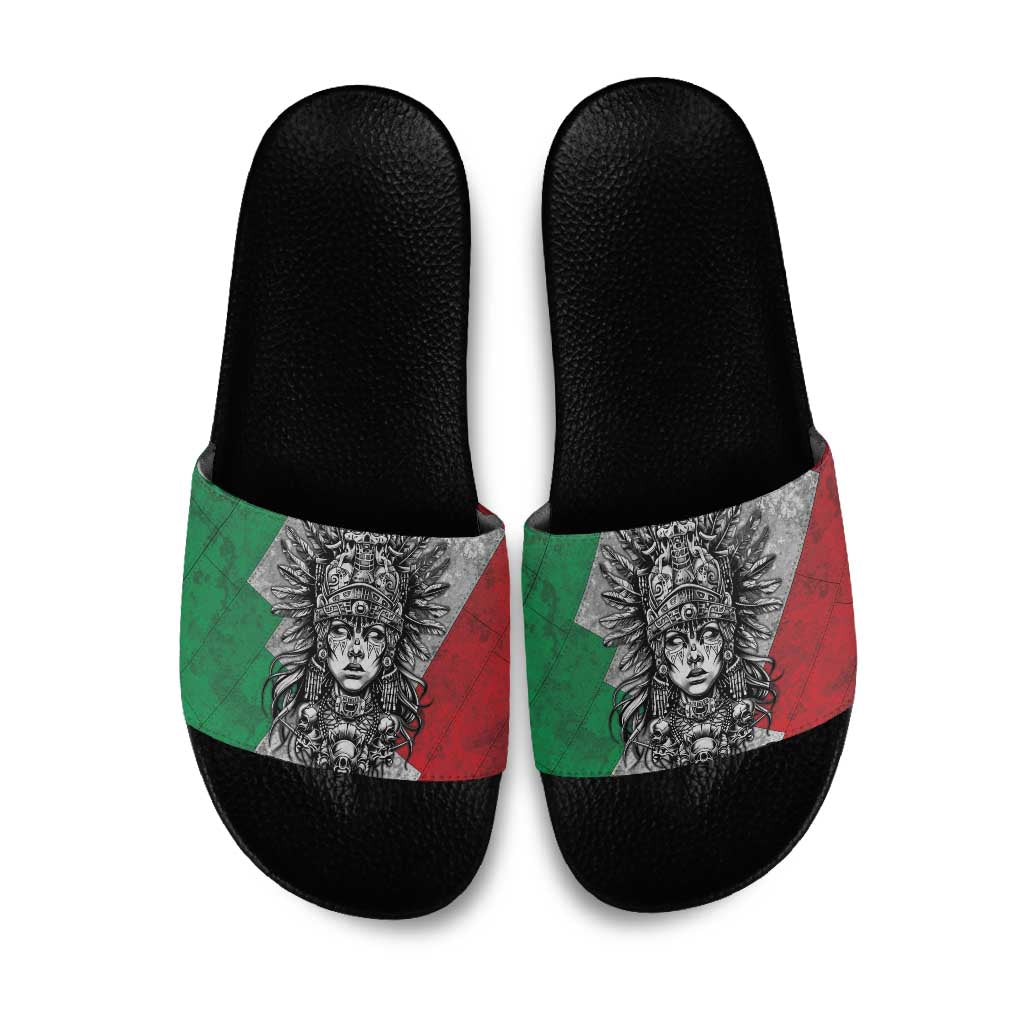 Mexico Aztec Warrior Goddess Slide Sandals Aztec Tribal Skull Tricolor Armor