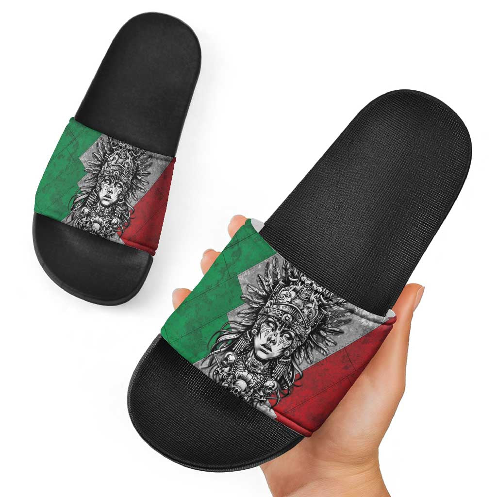 Mexico Aztec Warrior Goddess Slide Sandals Aztec Tribal Skull Tricolor Armor