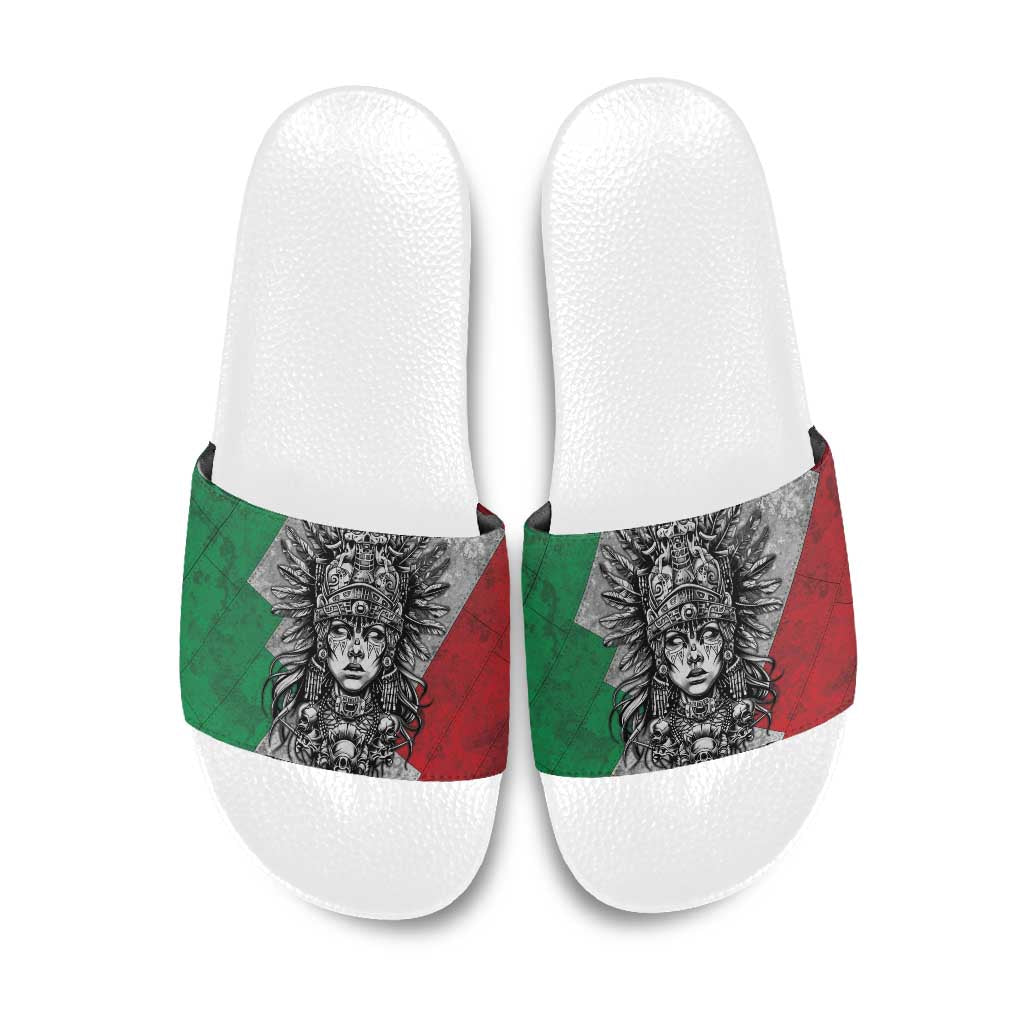 Mexico Aztec Warrior Goddess Slide Sandals Aztec Tribal Skull Tricolor Armor