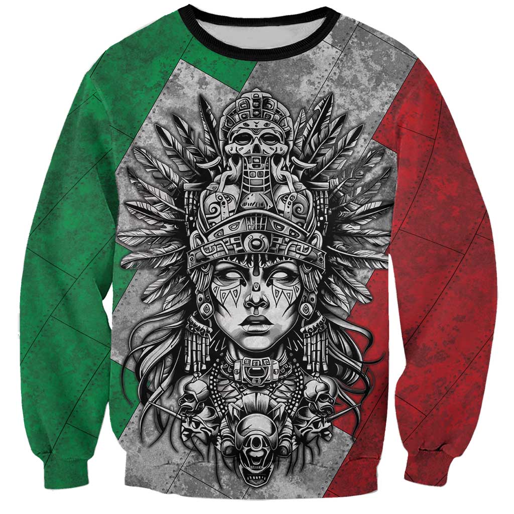 Mexico Aztec Warrior Goddess Sweatshirt Aztec Tribal Skull Tricolor Armor
