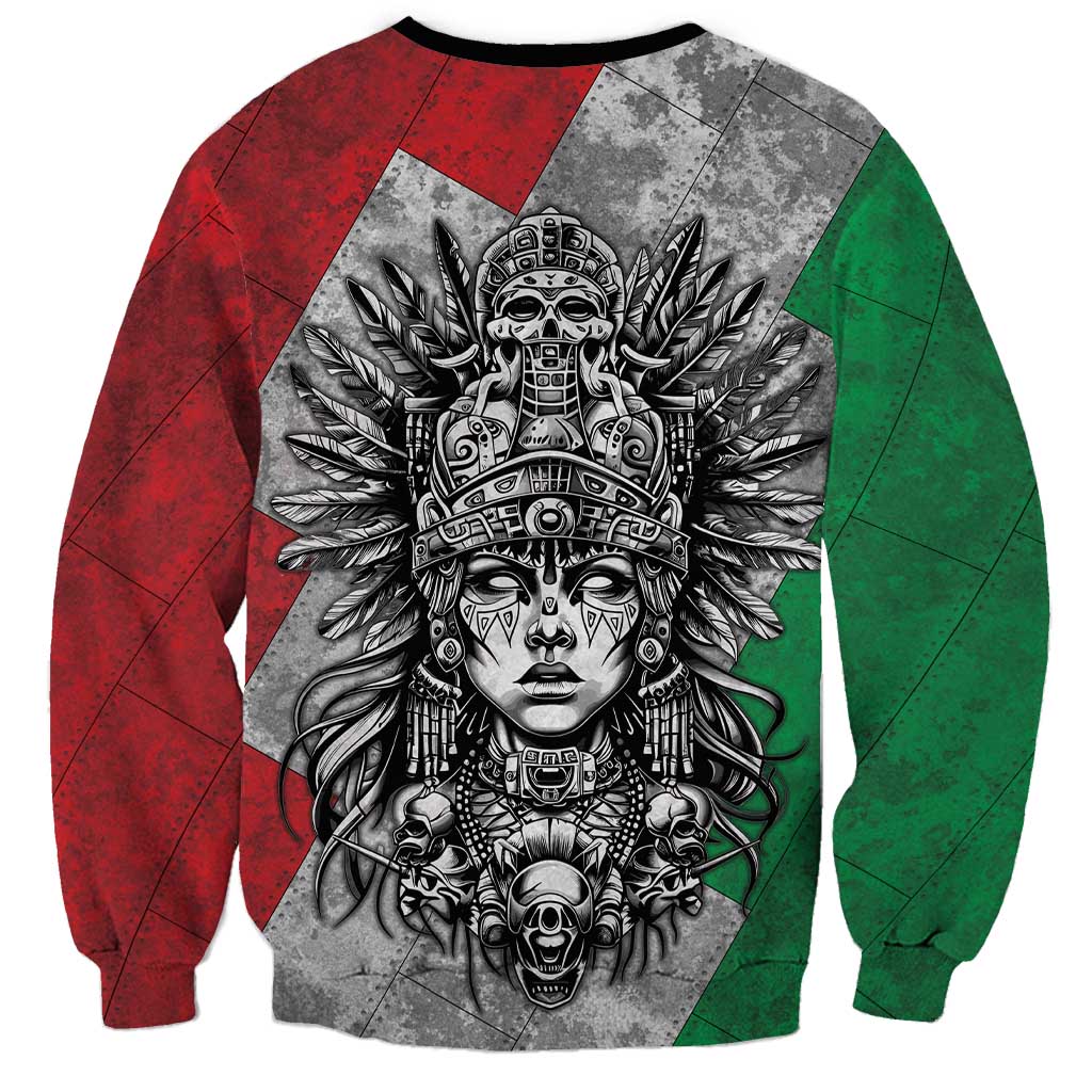Mexico Aztec Warrior Goddess Sweatshirt Aztec Tribal Skull Tricolor Armor