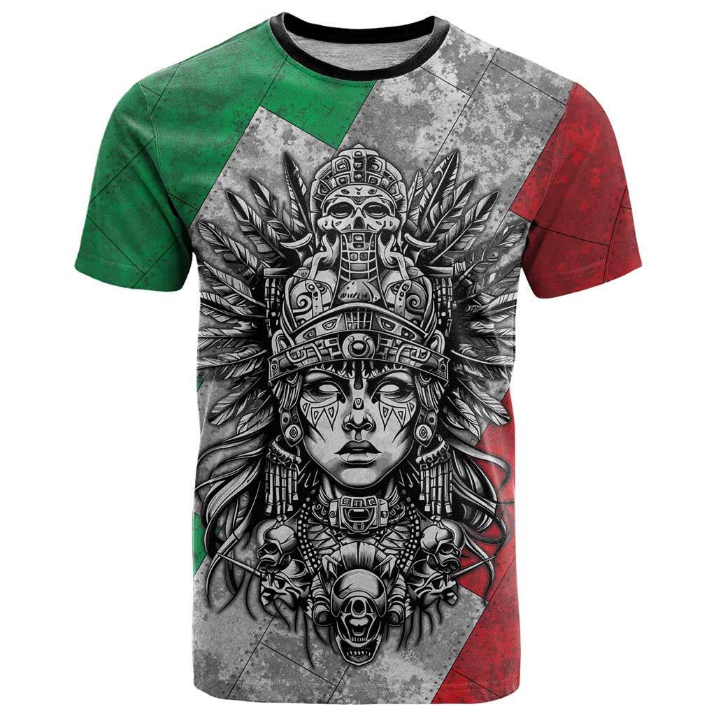Mexico Aztec Warrior Goddess T Shirt Aztec Tribal Skull Tricolor Armor