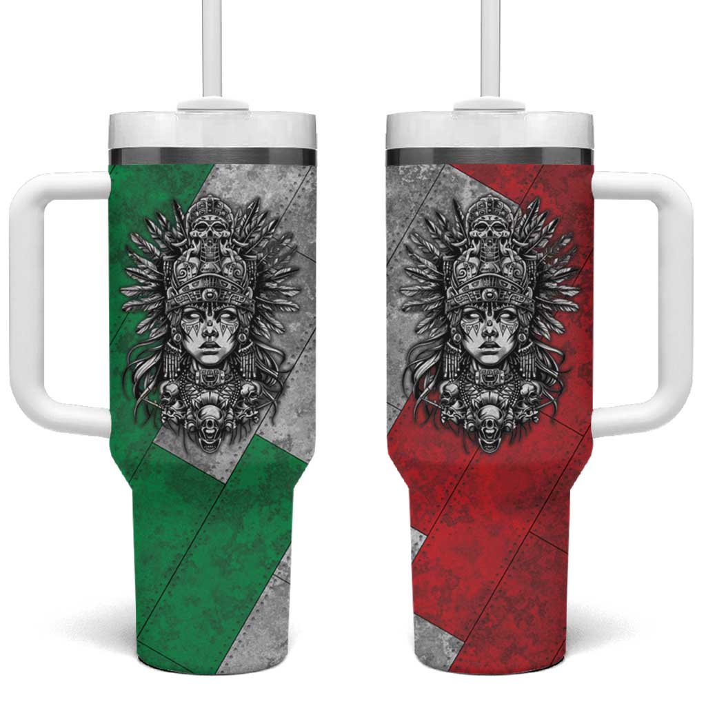 Mexico Aztec Warrior Goddess Tumbler With Handle Aztec Tribal Skull Tricolor Armor