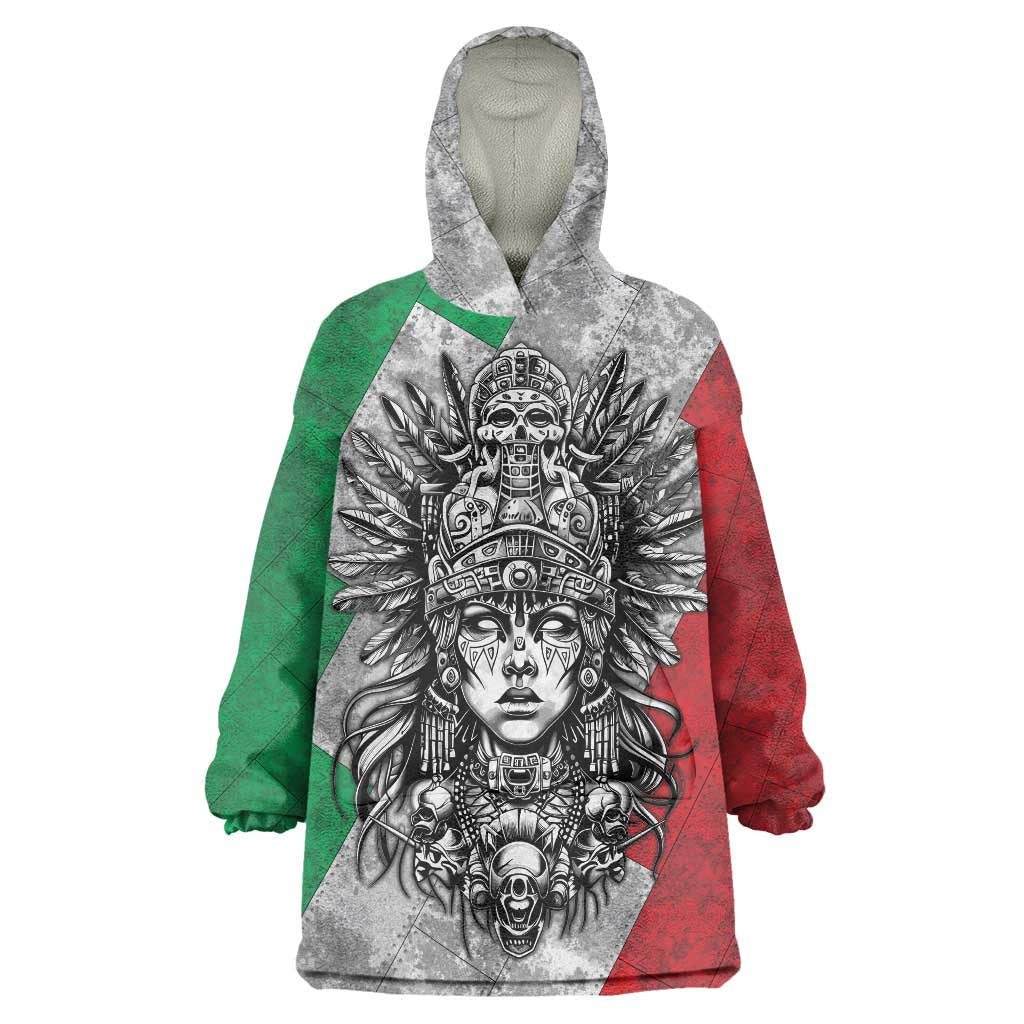 Mexico Aztec Warrior Goddess Wearable Blanket Hoodie Aztec Tribal Skull Tricolor Armor
