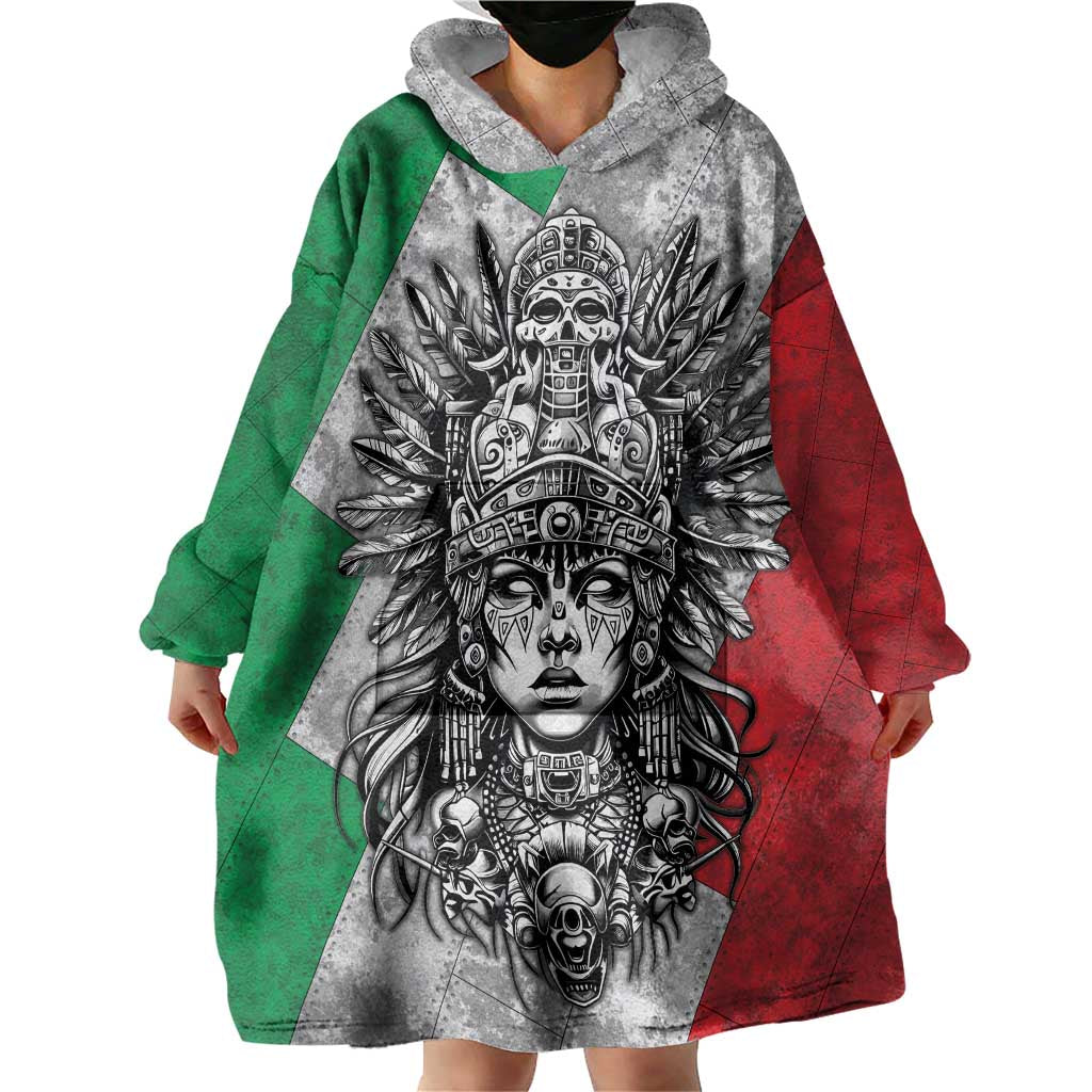Mexico Aztec Warrior Goddess Wearable Blanket Hoodie Aztec Tribal Skull Tricolor Armor