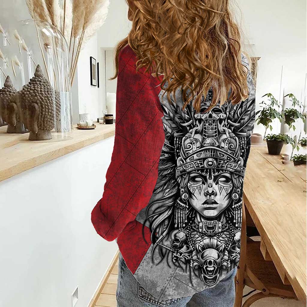 Mexico Aztec Warrior Goddess Women Casual Shirt Aztec Tribal Skull Tricolor Armor