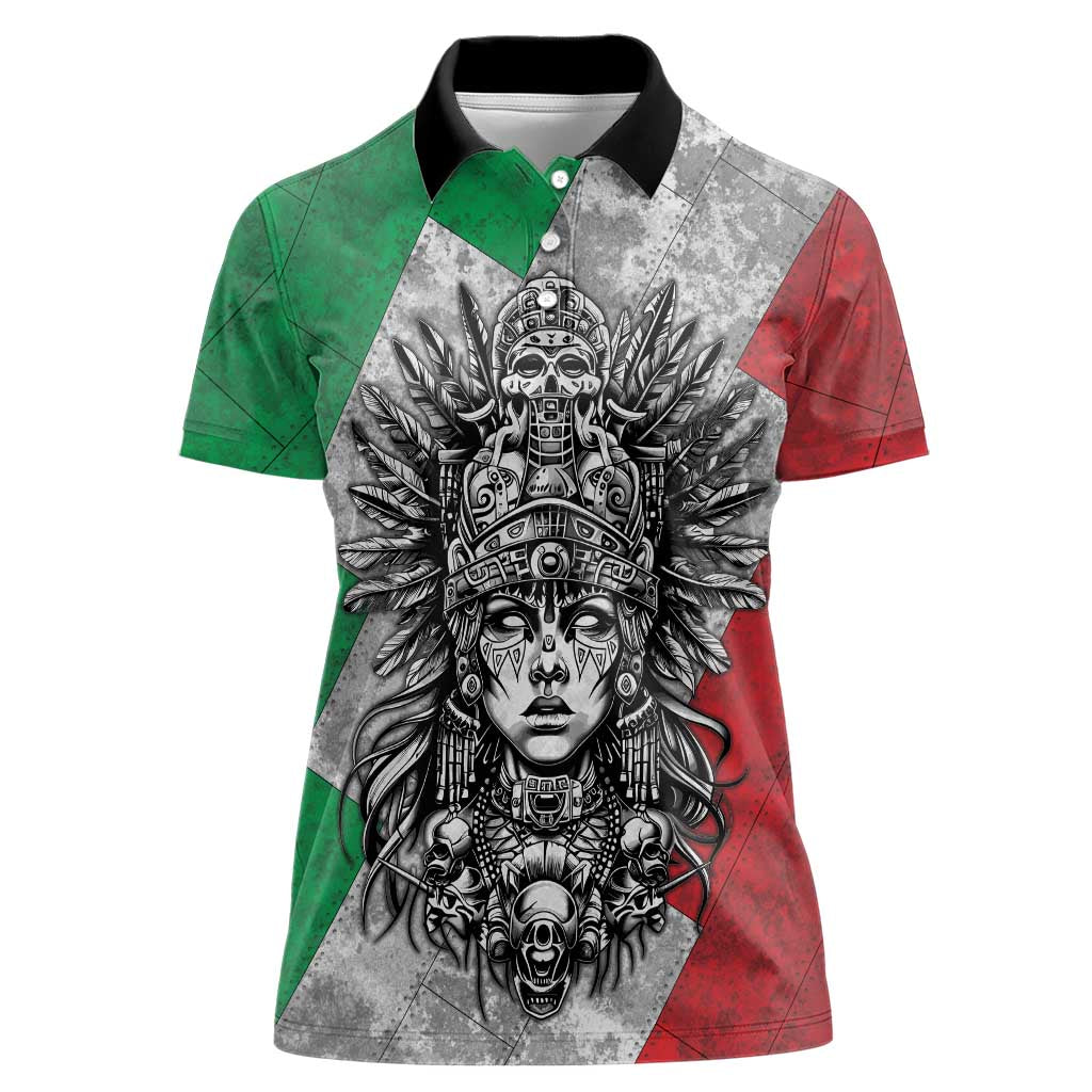 Mexico Aztec Warrior Goddess Women Polo Shirt Aztec Tribal Skull Tricolor Armor
