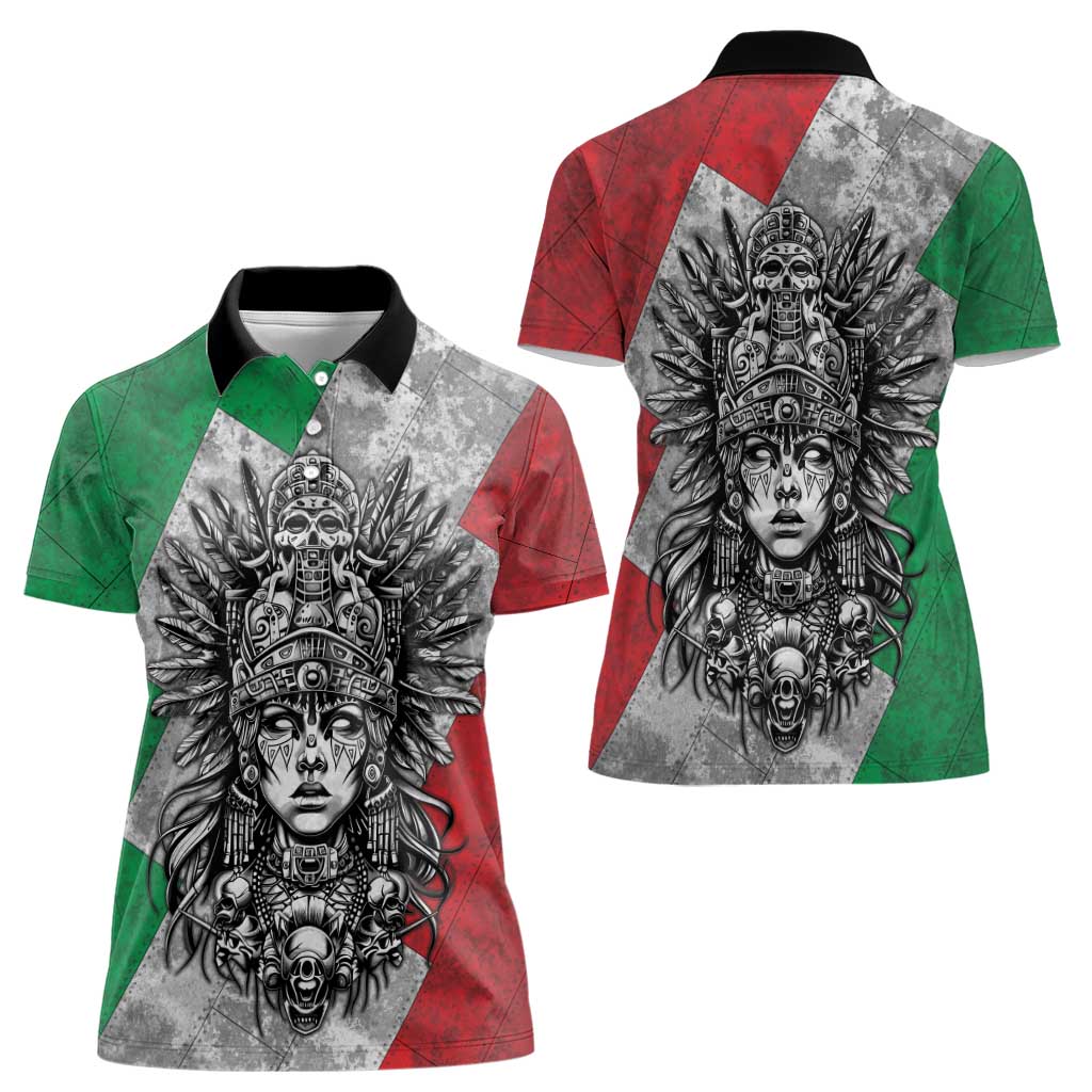 Mexico Aztec Warrior Goddess Women Polo Shirt Aztec Tribal Skull Tricolor Armor