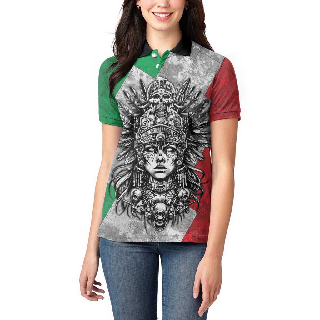 Mexico Aztec Warrior Goddess Women Polo Shirt Aztec Tribal Skull Tricolor Armor
