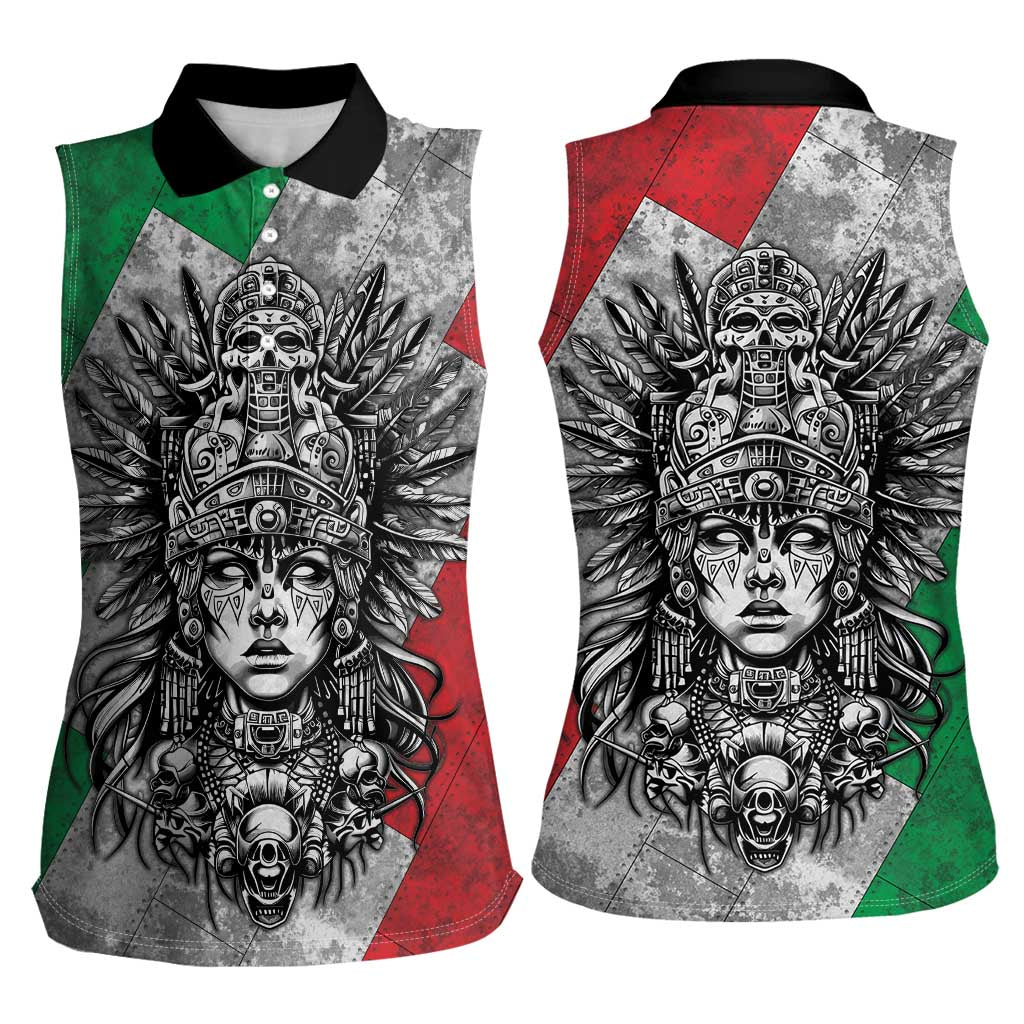 Mexico Aztec Warrior Goddess Women Sleeveless Polo Shirt Aztec Tribal Skull Tricolor Armor