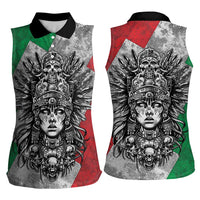 Mexico Aztec Warrior Goddess Women Sleeveless Polo Shirt Aztec Tribal Skull Tricolor Armor