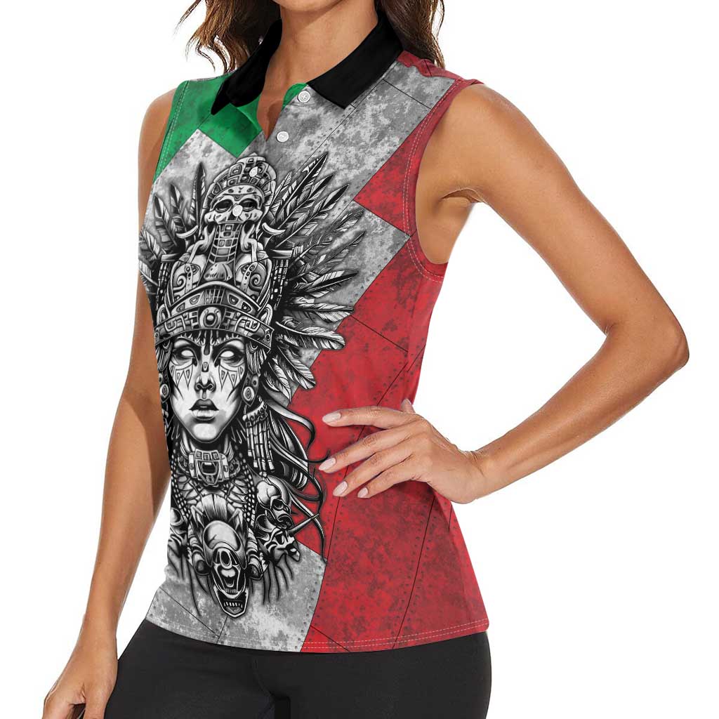 Mexico Aztec Warrior Goddess Women Sleeveless Polo Shirt Aztec Tribal Skull Tricolor Armor
