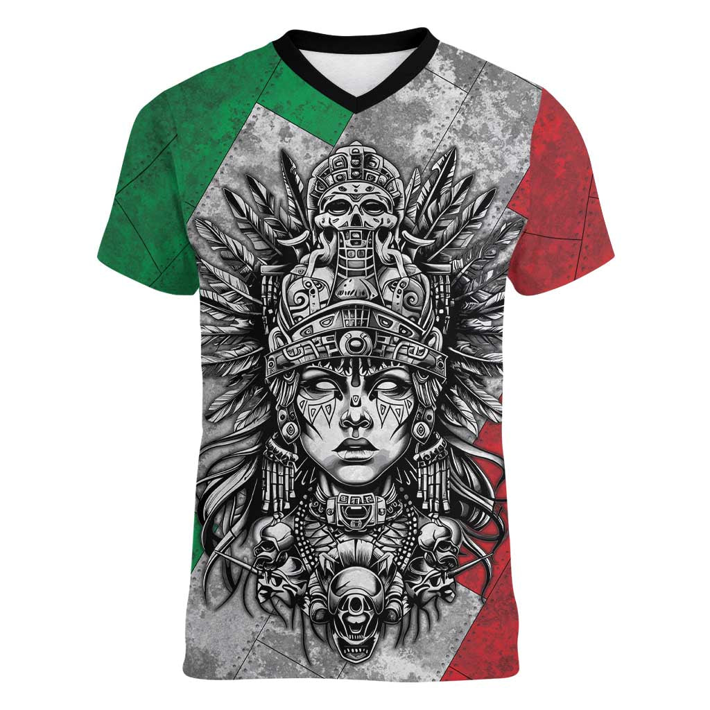 Mexico Aztec Warrior Goddess Women V-Neck T-Shirt Aztec Tribal Skull Tricolor Armor
