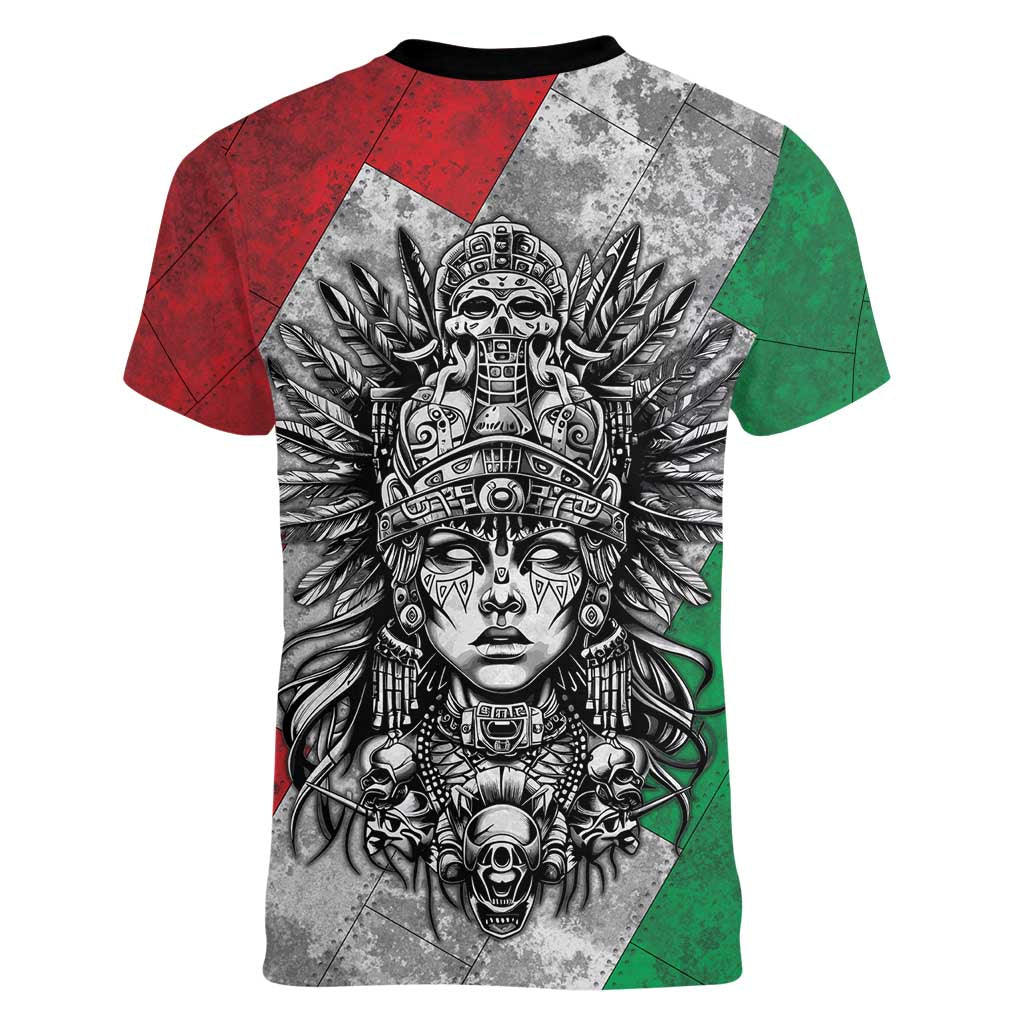 Mexico Aztec Warrior Goddess Women V-Neck T-Shirt Aztec Tribal Skull Tricolor Armor
