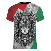 Mexico Aztec Warrior Goddess Women V-Neck T-Shirt Aztec Tribal Skull Tricolor Armor