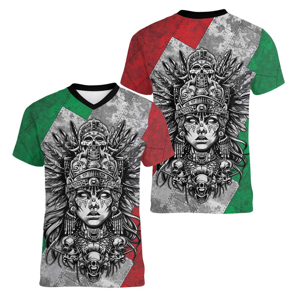 Mexico Aztec Warrior Goddess Women V-Neck T-Shirt Aztec Tribal Skull Tricolor Armor