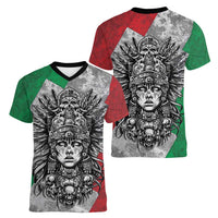 Mexico Aztec Warrior Goddess Women V-Neck T-Shirt Aztec Tribal Skull Tricolor Armor