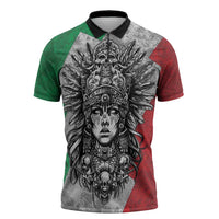 Mexico Aztec Warrior Goddess Zipper Polo Shirt Aztec Tribal Skull Tricolor Armor
