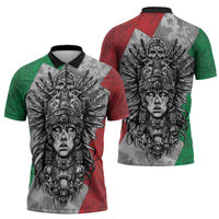 Mexico Aztec Warrior Goddess Zipper Polo Shirt Aztec Tribal Skull Tricolor Armor