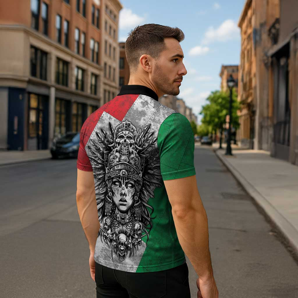 Mexico Aztec Warrior Goddess Zipper Polo Shirt Aztec Tribal Skull Tricolor Armor