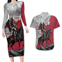 Poland Winged Hussar Warrior Couples Matching Long Sleeve Bodycon Dress and Hawaiian Shirt Polska Flag Armor Spirit