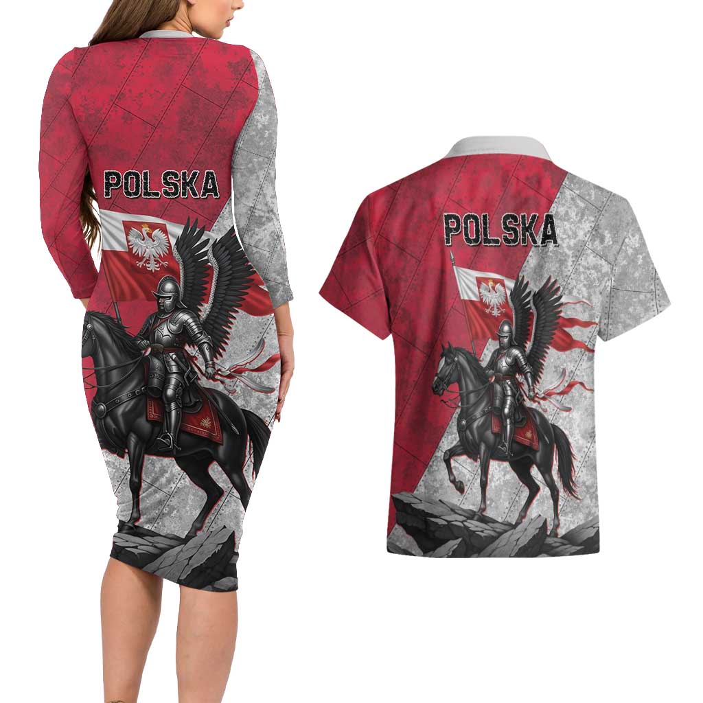 Poland Winged Hussar Warrior Couples Matching Long Sleeve Bodycon Dress and Hawaiian Shirt Polska Flag Armor Spirit