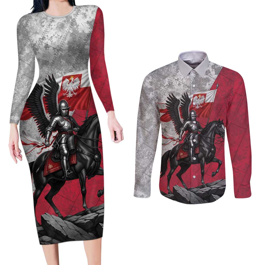 Poland Winged Hussar Warrior Couples Matching Long Sleeve Bodycon Dress and Long Sleeve Button Shirt Polska Flag Armor Spirit