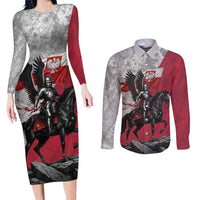 Poland Winged Hussar Warrior Couples Matching Long Sleeve Bodycon Dress and Long Sleeve Button Shirt Polska Flag Armor Spirit