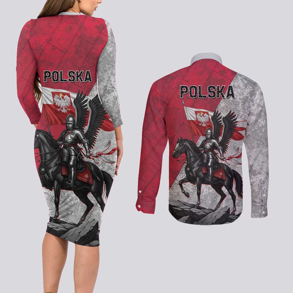 Poland Winged Hussar Warrior Couples Matching Long Sleeve Bodycon Dress and Long Sleeve Button Shirt Polska Flag Armor Spirit